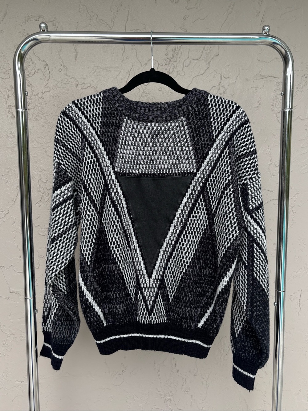 Black & White Geometric Knit Sweater w/ Leather Detailing
